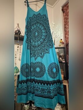 Sleeveless Turquoise Maxi Dress with Black Mandala Print